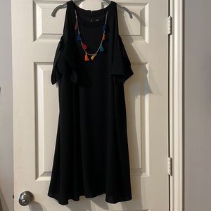 Black shoulder cut out dress with multi colored necklace attached